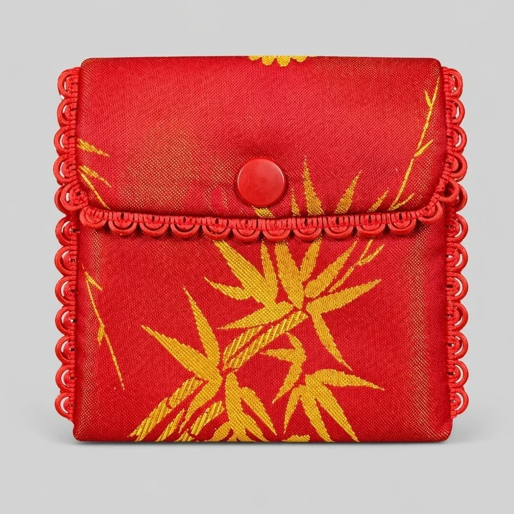 Vintage Red Gold Chinese Brocade Jewelry Pouch Bamboo Snap Coin Purse Small Bag